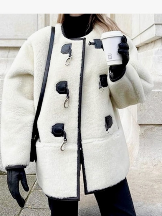 Women's white fleece  and Black Toggle Coat - Picture 1 of 3